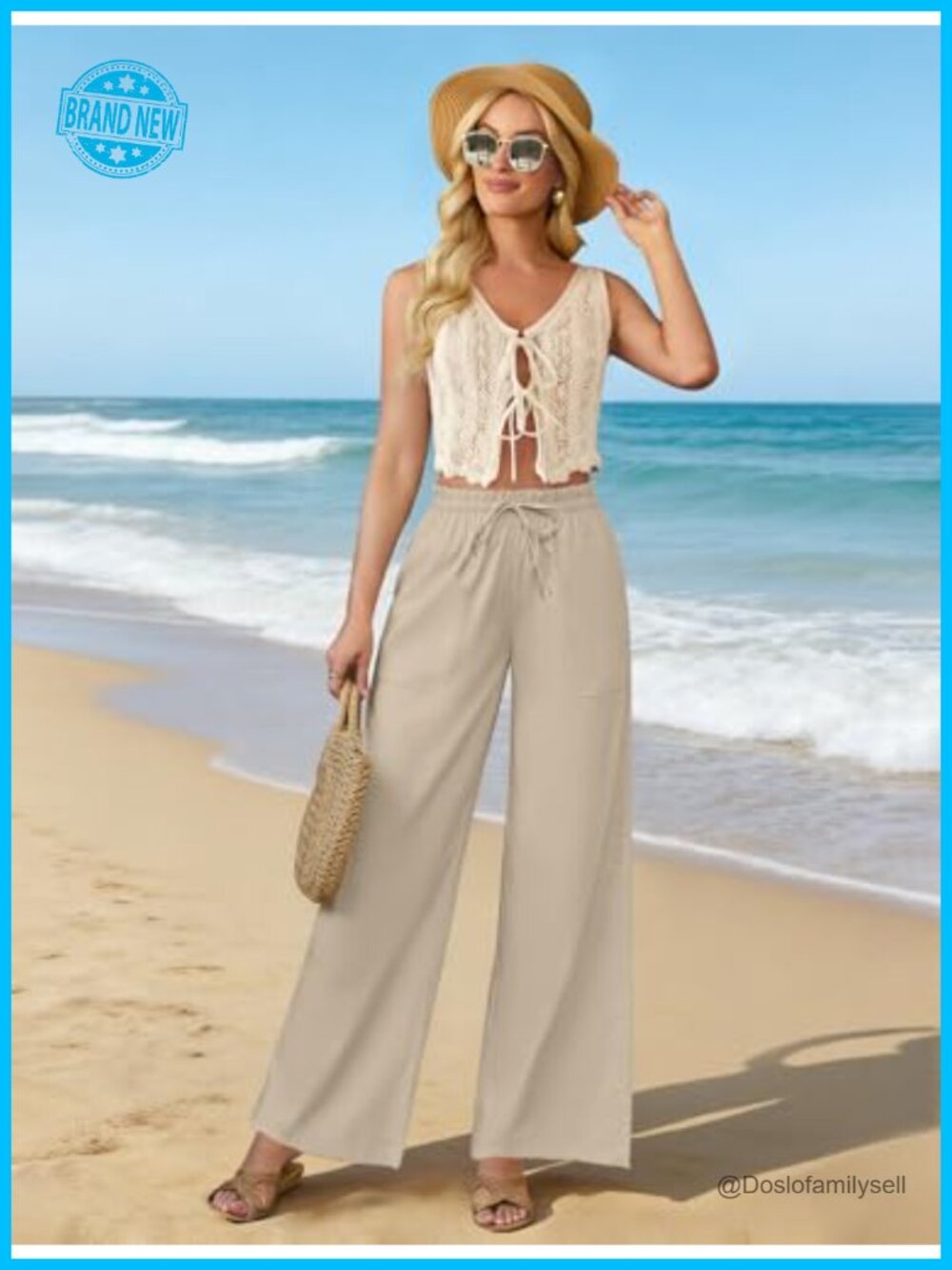 High Waisted Linen Wide Leg Palazzo Pants with Pockets - Picture 2 of 7